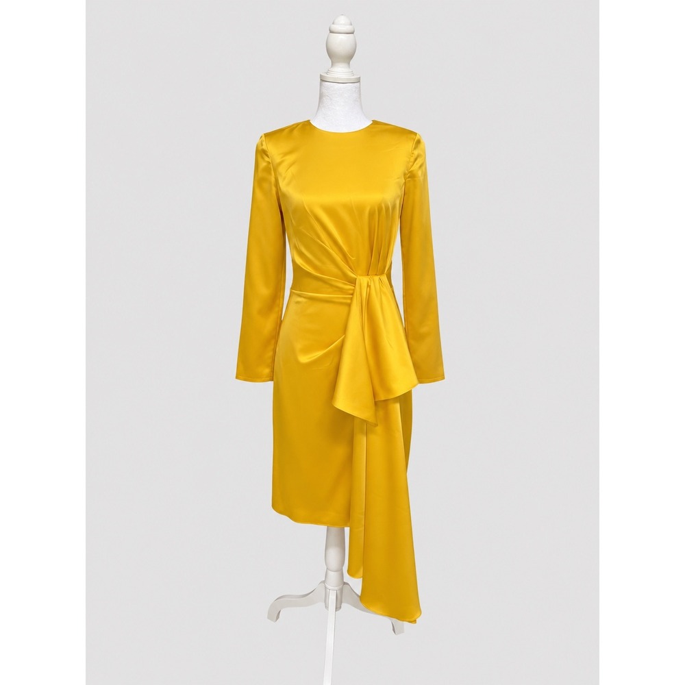 IEENA for Mac Duggal Mango Yellow Satin Long Sleeve Wrap Mini Dress 70152 Size 2